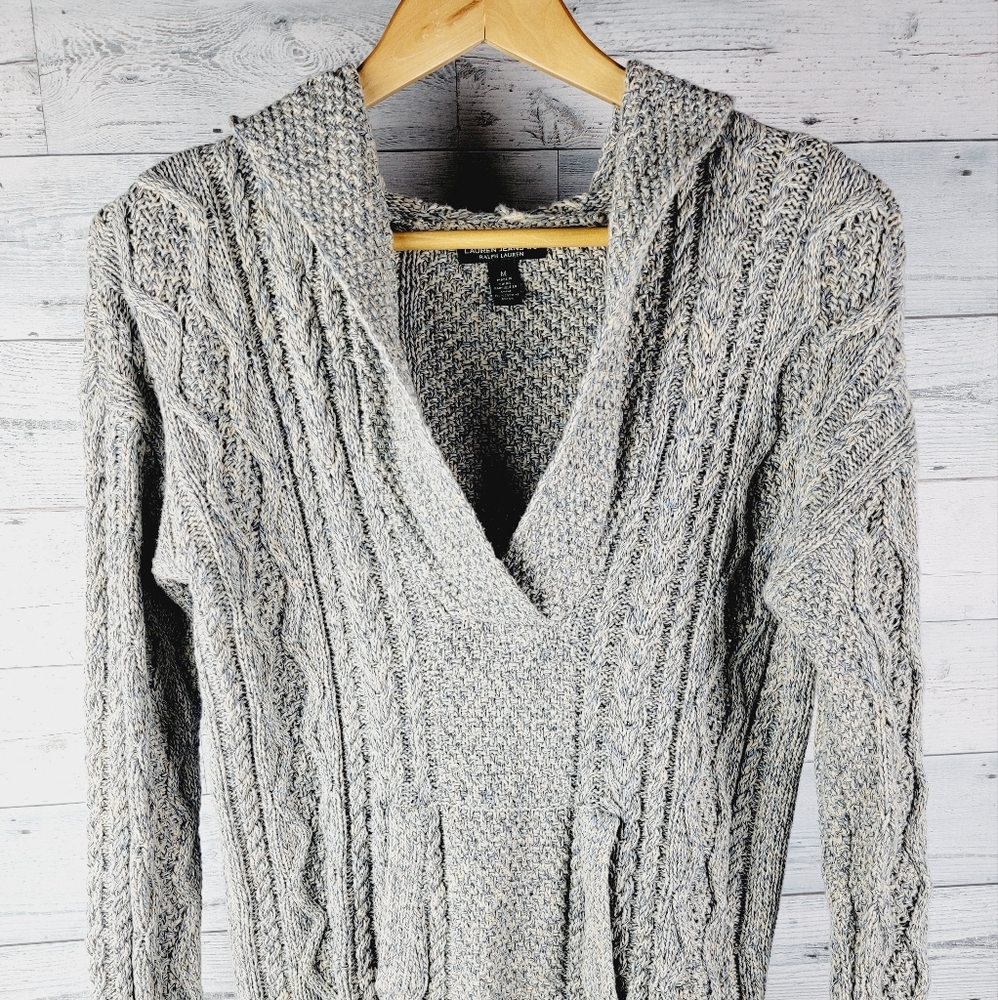 Ralph Lauren LRL Women’s M Medium Cable Knit Hoodie Sweater Blue Grey Cream